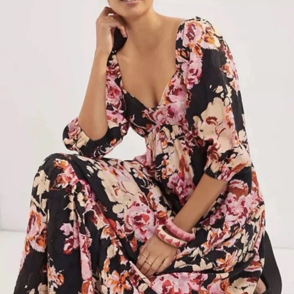 Anthropologie Floral Maxi Dress Black Pink Blossom Tiered Size S